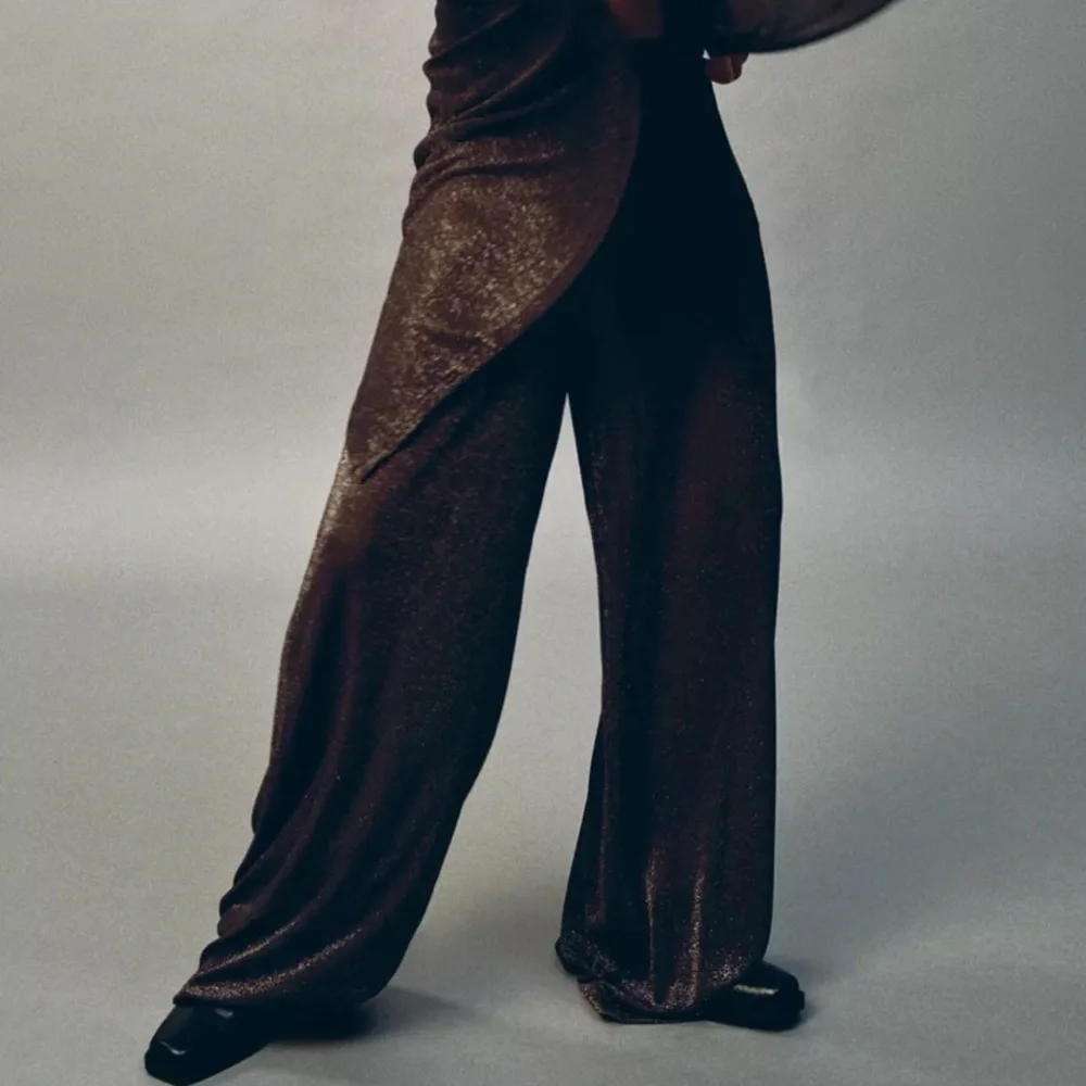 Zara NWT bronze/brown metallic thread drawstring metallic thread palazzo pants